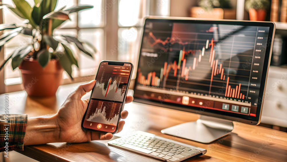 Poster finance app in flexible workspace on desktop and mobile screens. modern setup with white background.
