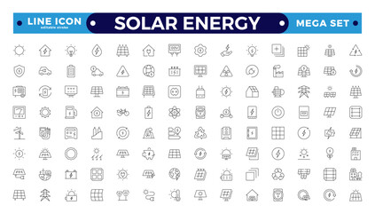 Solar energy outline icon set . Green energy icon set. Collection of renewable energy, ecology, and green electricity icons. Editable stroke outline icon. 