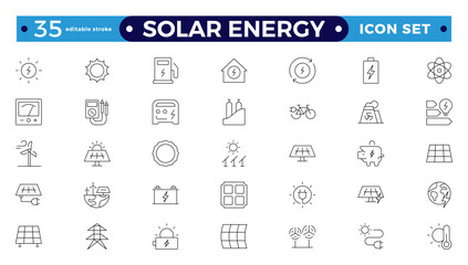 Solar energy outline icon set . Green energy icon set. Collection of renewable energy, ecology, and green electricity icons. Editable stroke outline icon. 