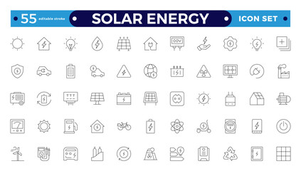 Solar energy outline icon set . Green energy icon set. Collection of renewable energy, ecology, and green electricity icons. Editable stroke outline icon. 