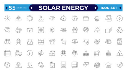 Solar energy outline icon set . Green energy icon set. Collection of renewable energy, ecology, and green electricity icons. Editable stroke outline icon. 