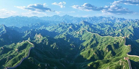 Fototapeta premium Detailed view of the Great Wall of China winding through mountainous terrain, showcasing the historical significance and scale of this landmark