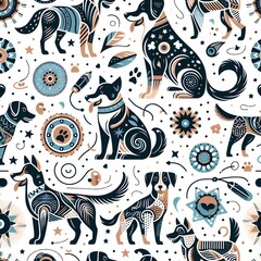 Naklejka premium Seamless Pattern with Ornate Dogs and Geometric Motifs