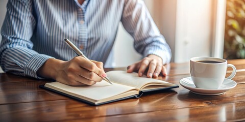 A person writing in a diary at a desk , journal, diary, pen, writing, reflection, personal, memories