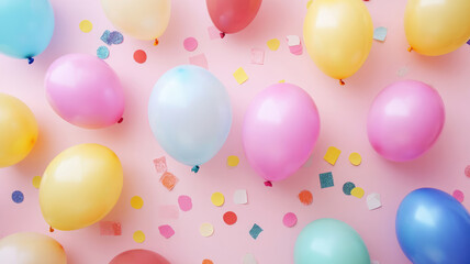pastel pink table with colorful balloons and confetti for birthday top view. flat lay style, detailed high definition image