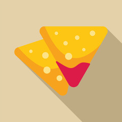 Two crunchy corn nachos are dipping in spicy sauce