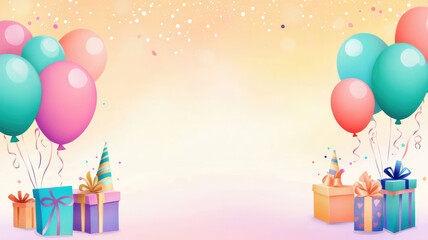 colorful child birthday card with balloons and gifts, with space for text horizon background, detailed and intricate image