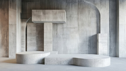 a concrete room with abstract interior design against an architectural background, highly detailed image