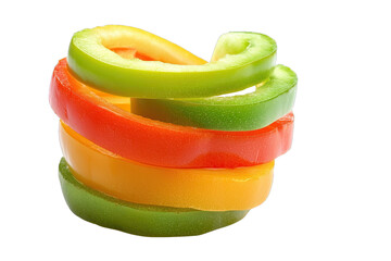 Vibrant stacked slices of colorful bell peppers, showcasing fresh green, red, yellow, and orange, ideal for healthy cooking concepts.