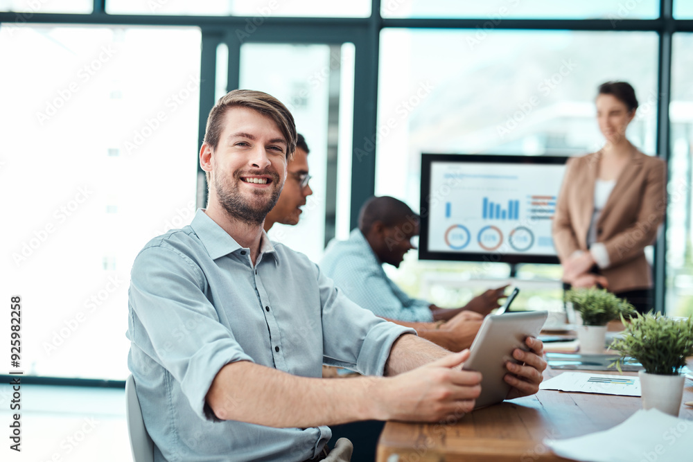 Aufkleber creative, businessman and portrait in office with tablet by website design company for brand identit