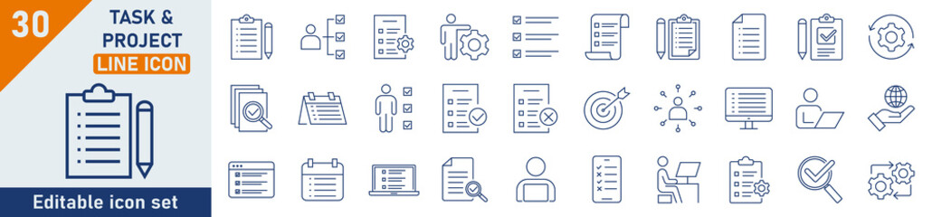 Task line icon set. Set of 30 outline icons related to management, to do list, clipboard, and more. Linear icon collection. Task and projects outline icons collection. Editable stroke.