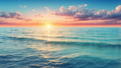 Obraz premium A sunset over the ocean with a blue sky and the sun setting over the horizon. 