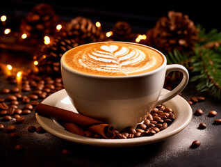 Coffee with foam on a Christmas composition.