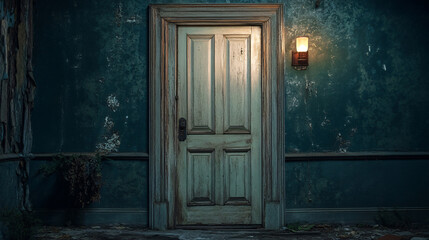 weathered wooden door illuminated by a dim wall lamp, set in a decaying and eerie interior, evoking a sense of mystery and suspense.