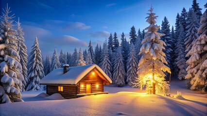 Fototapeta premium Winter scene of an illuminated cabin surrounded by frosted trees , peaceful, cozy, snow, serene, tranquil, cold, holiday, Christmas