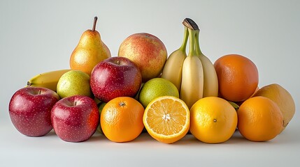 A clean and bright arrangement of assorted unpeeled fruits including apples, bananas, pears, and citrus, carefully presented on a white backdrop