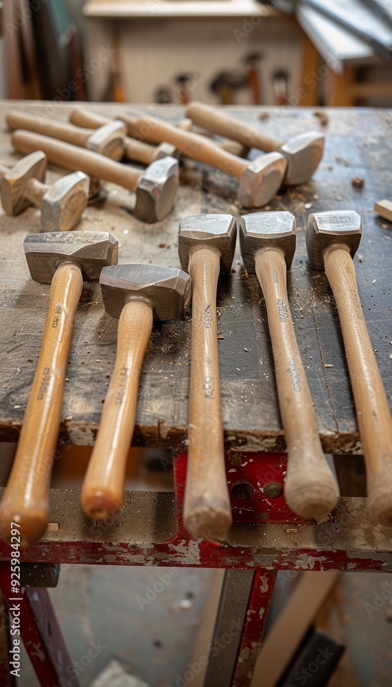 Poster selection of high-quality hammers with ergonomic handles on workbench for professional use