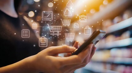 A person using a smartphone in a store, surrounded by digital shopping icons, illustrating modern online shopping.