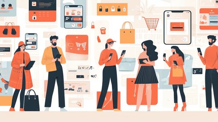 Fototapeta premium A vibrant digital marketplace scene featuring diverse individuals engaged with mobile devices and shopping elements.