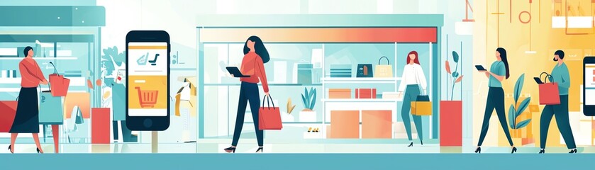 A vibrant shopping scene showcasing diverse shoppers engaged with technology and products in a modern retail environment.