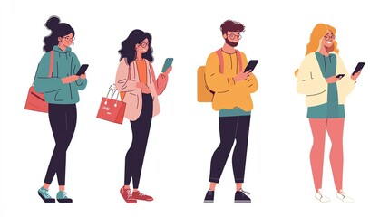 Group of young people using smartphones while shopping. Trendy casual outfits with colorful accessories.
