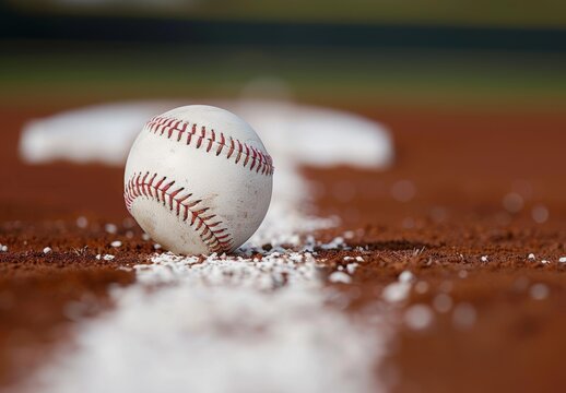 Close-up of baseball on field, line marking, diamond field and homeplate, textured dirt background, red stitching detail,  infield setup