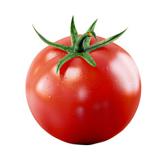 Ripe fresh red tomato with green leaf isolated on transparent background. Full Depth of Field
