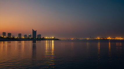 Morning View Before Sunrise at Moden Lake, Dammam, Saudi Arabia: Serene and Tranquil Landscape.