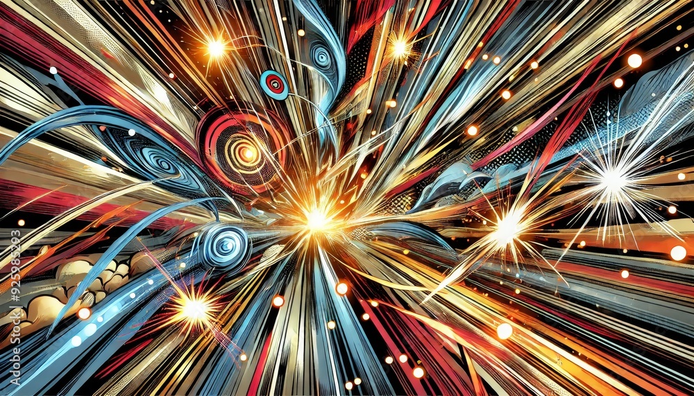 Poster dynamic abstract explosion of colorful lines, shapes, and light bursts, creating a vibrant and energ