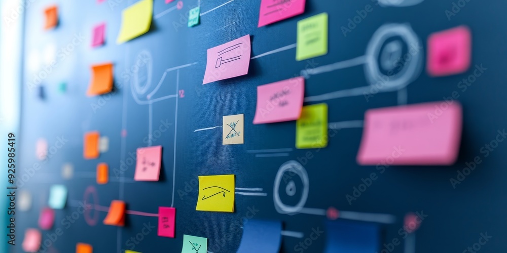 Poster Close-up of a marketing strategy board with flowcharts, graphs, and post-it notes, illustrating the planning and organization of effective marketing strategies