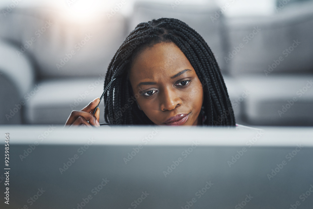 Poster remote work from home, thinking and black woman with computer, solution and problem solving. african