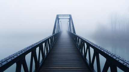 A metal bridge extends into thick fog, with its end obscured by the mist, evoking a sense of uncertainty and the unknown.