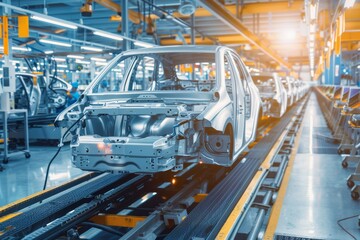 Automotive Engineer Inspecting Car Panels on Modern Assembly Line in Bright Factory Setting