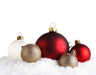 Dekoschnee, Weihnachtskugeln, Adventszeit, wei&szlig;en Hintergrund, Freisteller, 