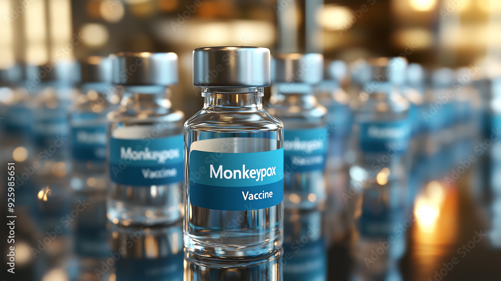 Poster monkeypox vaccine vials arranged in laboratory setting
