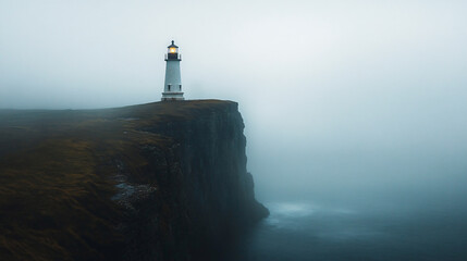 A solitary lighthouse stands on a fog-shrouded cliff, overlooking a misty, turbulent sea, guiding through the gloom.