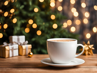 Obraz premium Stylish white cup on wooden table against stylish festive christmas tree with golden lights. Space for text. Cup mock up, christmas advertising product template