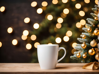 Stylish white cup on wooden table against stylish festive christmas tree with golden lights. Space for text. Cup mock up, christmas advertising product template