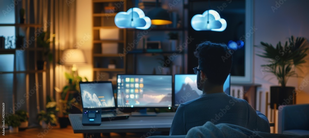 Poster personal cloud storage management with multiple devices in modern home office setting