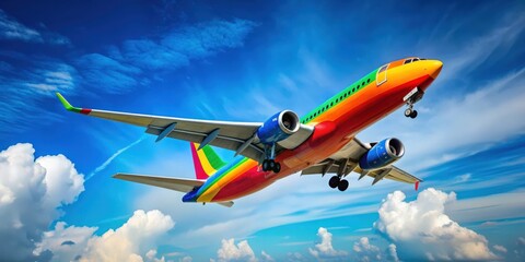 of a colorful airplane flying through a clear blue sky, airplane, sky,flying, travel, transportation, aircraft, clouds