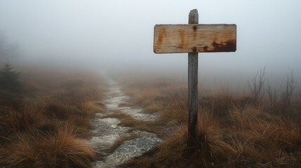 A weathered wooden signpost stands by a fog-covered path, leading into the misty unknown, creating an atmosphere of solitude and mystery.