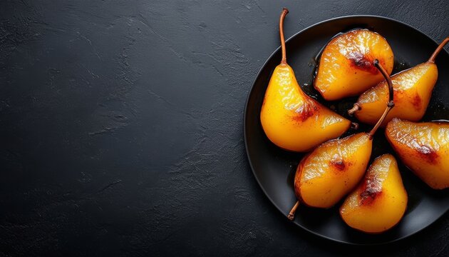 Peras caramelizadas servidas en un plato negro sobre un fondo oscuro. Un postre simple pero delicioso, ideal para disfrutar con amigos y familia.