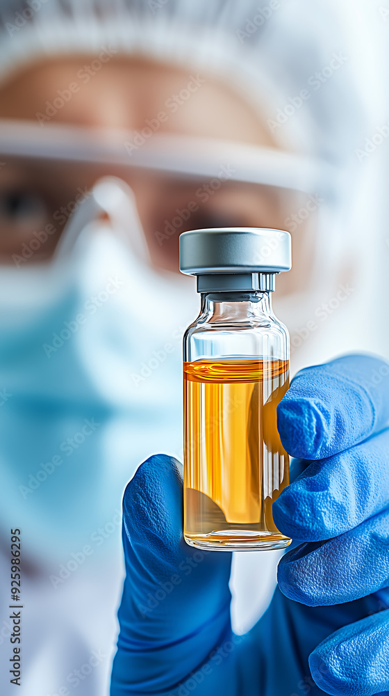 Poster close-up of a scientist holding a vial of vaccine in a laboratory setting