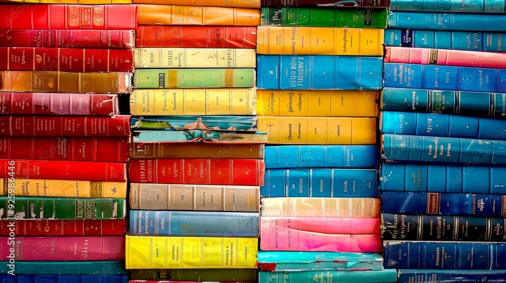 Aufkleber a vibrant collection of colorful books stacked neatly on a shelf. the spectrum of colors includes re