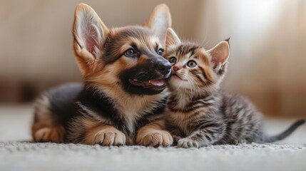Obraz premium A puppy and a kitten are joyfully playing together on a soft carpet