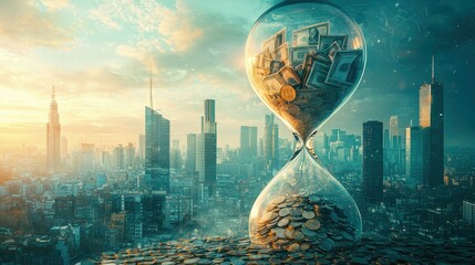 Large hourglass filled with coins and dollar bills set against a modern city backdrop symbolizing the accumulation of wealth over time in an urban environment