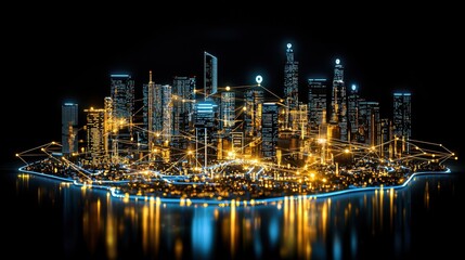 Naklejka premium A vibrant city skyline illuminated at night, showcasing modern architecture and interconnected networks of light.