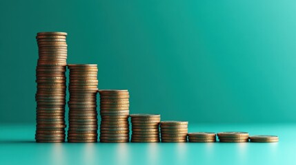 Stacks of golden coins decreasing in height on a turquoise background symbolizing financial loss and economic decline
