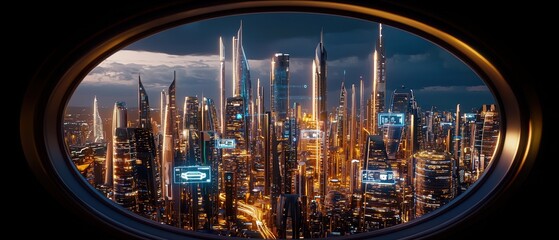 Futuristic cityscape with towering skyscrapers and glowing lights, viewed through a sleek window.