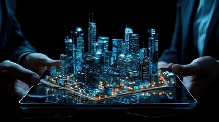 Obraz premium Hands holding a digital city model, showcasing smart technology and urban development in a futuristic setting.